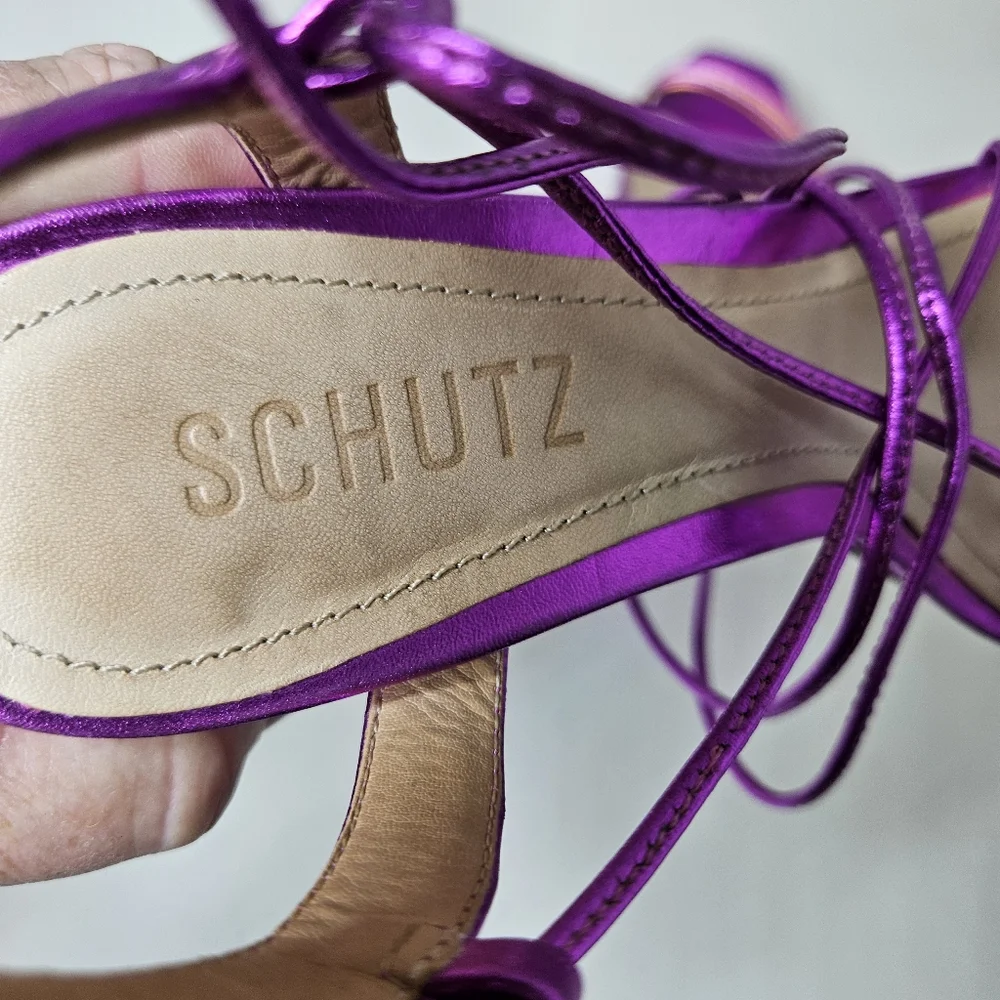 Schutz Arceli Platform in Bright Violet Metallic Ankle Tie Strap Women's 7.5